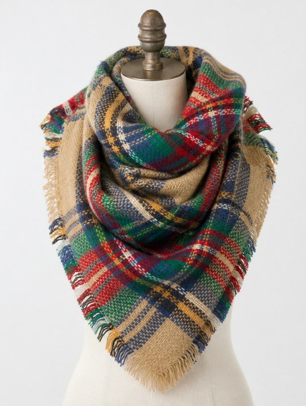 Oversized Plaid Blanket Scarf Tan Red Blue Green Fringe Warm Holiday Cozy - Picture 1 of 8